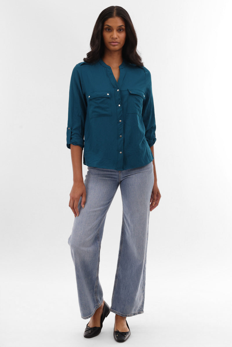 Runaway Bay Roll Up Sleeve Utility Pocket Blouse - Teal - Womens Shirts & Blouses - Fairweather