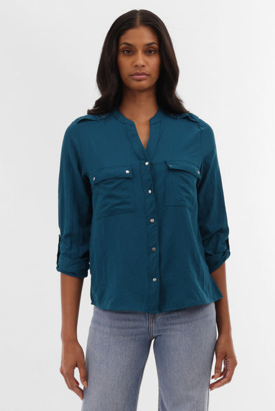 Runaway Bay Roll Up Sleeve Utility Pocket Blouse - Teal - Womens Shirts & Blouses - Fairweather