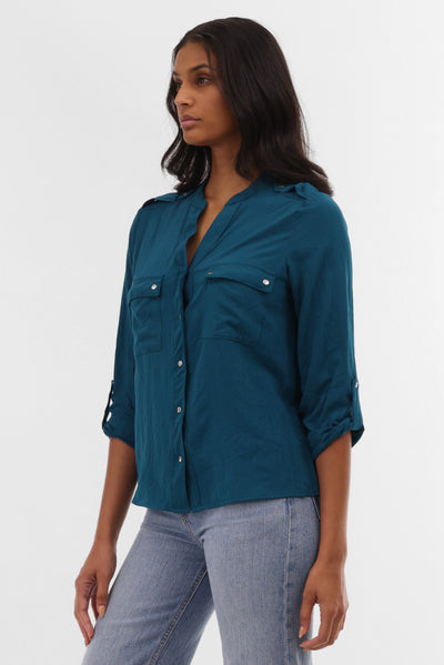 Runaway Bay Roll Up Sleeve Utility Pocket Blouse - Teal - Womens Shirts & Blouses - Fairweather