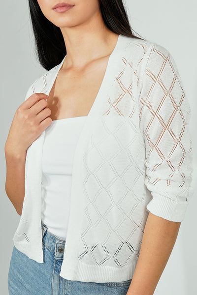 Beechers Brook Diamond Knit 3/4 Sleeve Open Cardigan - White - Womens Cardigans - Fairweather