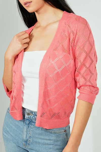 Beechers Brook Diamond Knit 3/4 Sleeve Open Cardigan - Pink - Womens Cardigans - Fairweather