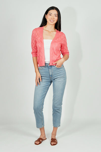 Beechers Brook Diamond Knit 3/4 Sleeve Open Cardigan - Pink - Womens Cardigans - Fairweather
