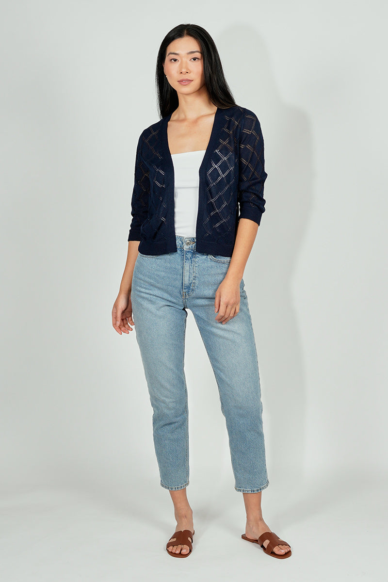 Beechers Brook Diamond Knit 3/4 Sleeve Open Cardigan - Navy - Womens Cardigans - Fairweather