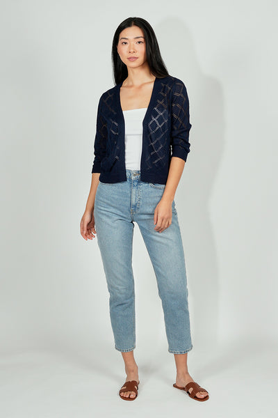 Beechers Brook Diamond Knit 3/4 Sleeve Open Cardigan - Navy - Womens Cardigans - Fairweather