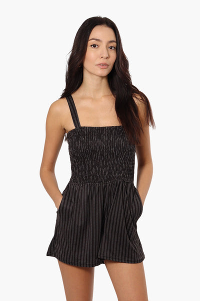 Magazine Striped Smocked Top Romper - Black - Womens Jumpsuits & Rompers - Fairweather