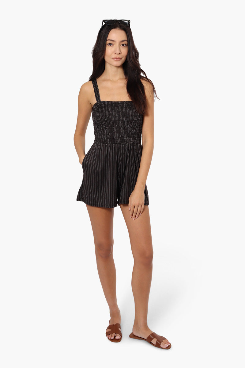 Magazine Striped Smocked Top Romper - Black - Womens Jumpsuits & Rompers - Fairweather