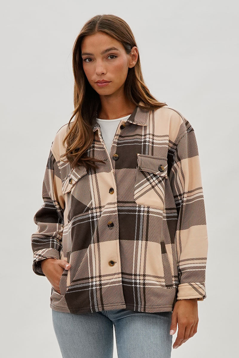 Canada Weather Gear Plaid Button Up Lightweight Jacket - Beige - Womens Lightweight Jackets - Fairweather