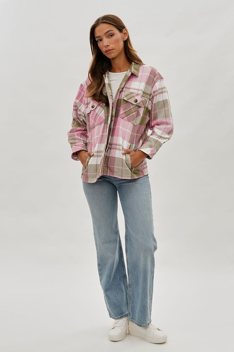 Canada Weather Gear Plaid Button Up Lightweight Jacket Pink
