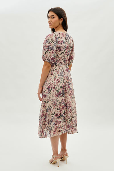 Costa Blanca Floral Short Sleeve Midi Dress - Beige