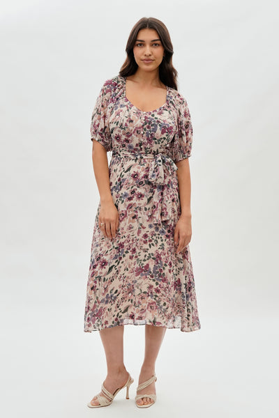 Costa Blanca Floral Short Sleeve Midi Dress - Beige