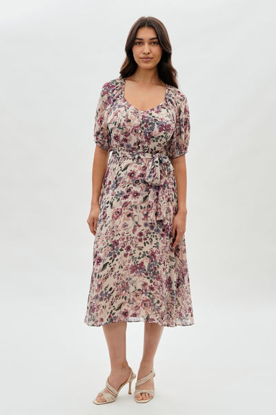 Costa Blanca Floral Short Sleeve Midi Dress - Beige