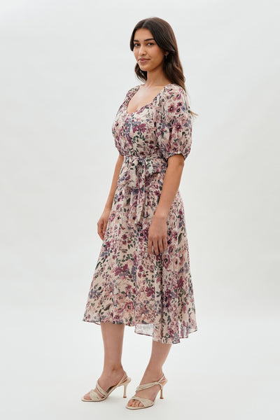 Costa Blanca Floral Short Sleeve Midi Dress - Beige