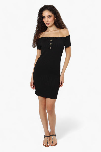 Majora Ribbed Off Shoulder Day Dress - Black - Womens Day Dresses - Fairweather