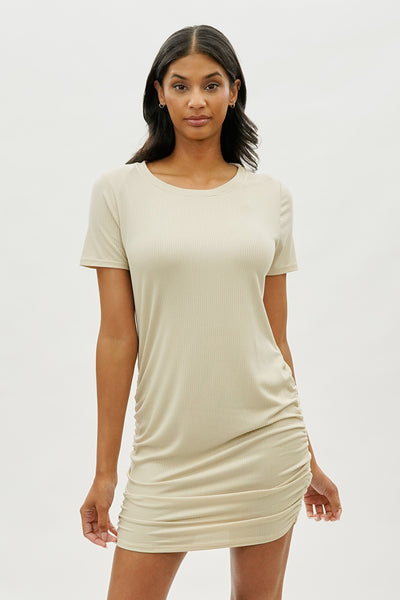Costa Blanca Ribbed Short Sleeve Ruched Side Day Dress - Cream - Womens Day Dresses - Fairweather