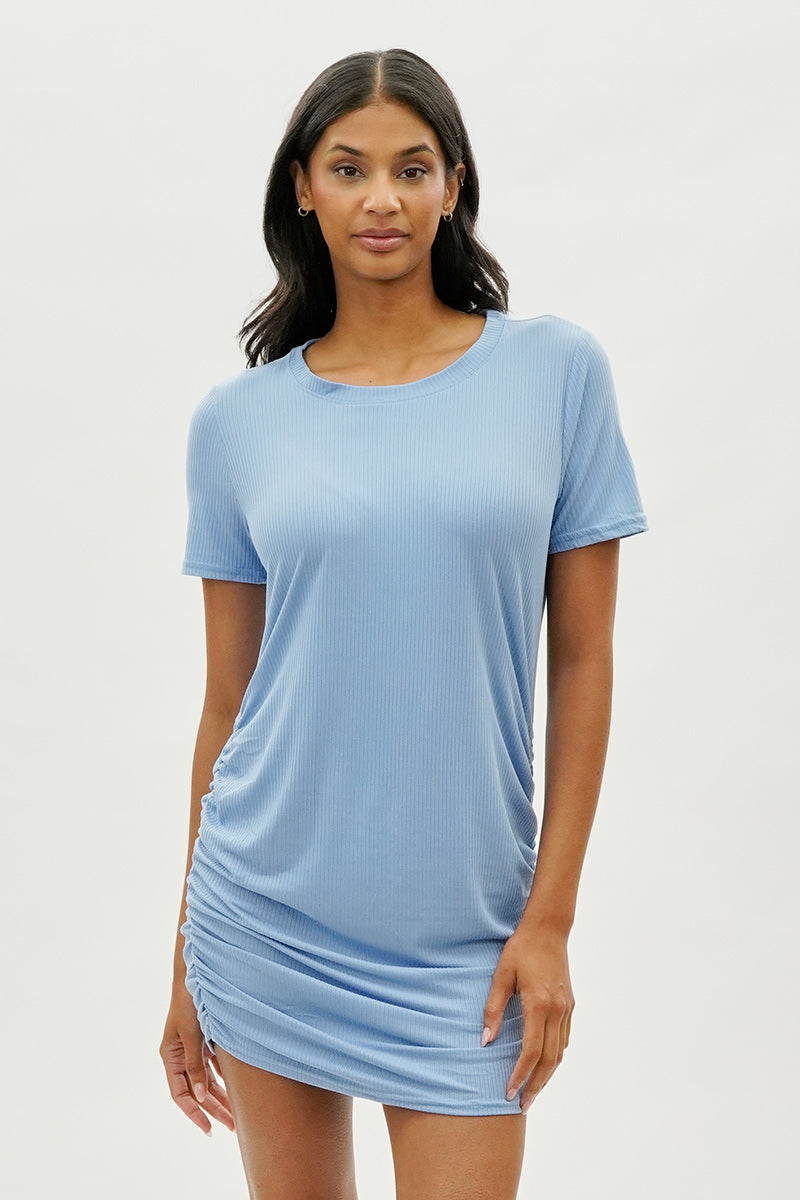 Costa Blanca Ribbed Short Sleeve Ruched Side Day Dress - Blue - Womens Day Dresses - Fairweather