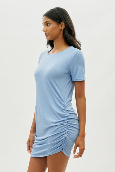 Costa Blanca Ribbed Short Sleeve Ruched Side Day Dress - Blue - Womens Day Dresses - Fairweather
