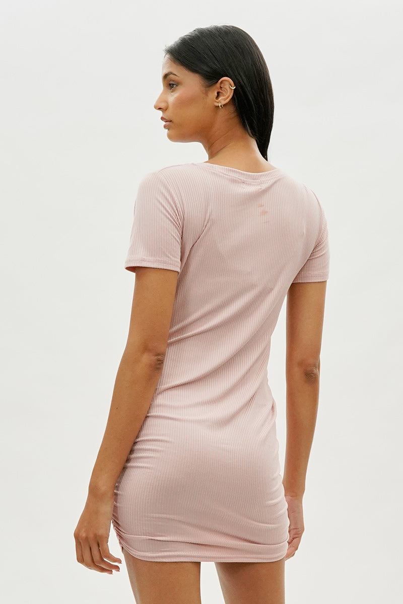 Costa Blanca Ribbed Short Sleeve Ruched Side Day Dress - Blush - Womens Day Dresses - Fairweather