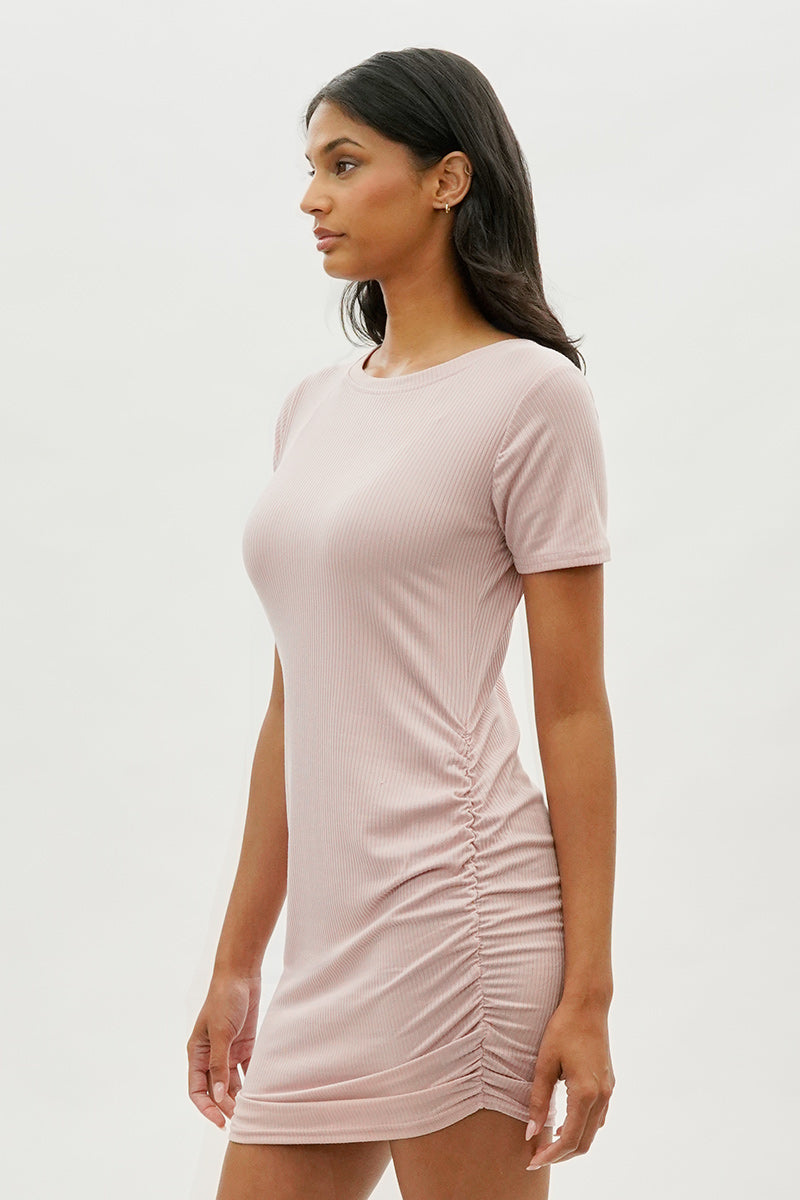 Costa Blanca Ribbed Short Sleeve Ruched Side Day Dress - Blush - Womens Day Dresses - Fairweather