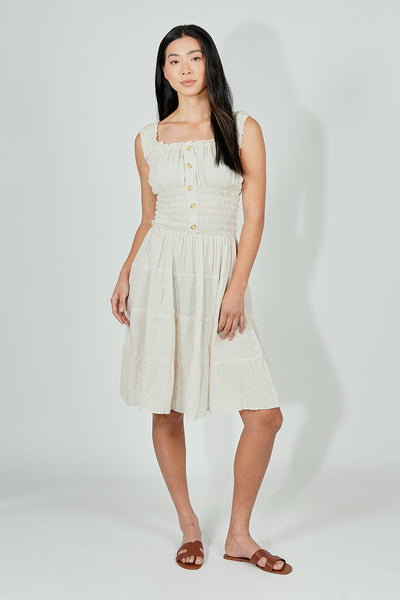Impress Front Button Smocked Tiered Day Dress - Cream - Womens Day Dresses - Fairweather