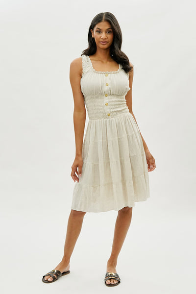 Impress Front Button Smocked Tiered Day Dress - Cream - Womens Day Dresses - Fairweather