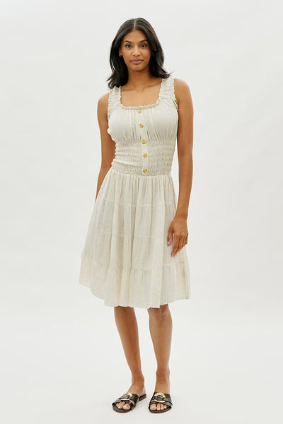 Impress Front Button Smocked Tiered Day Dress - Cream - Womens Day Dresses - Fairweather