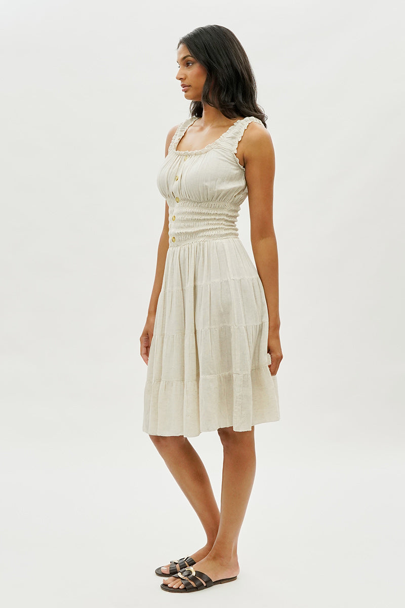 Impress Front Button Smocked Tiered Day Dress - Cream - Womens Day Dresses - Fairweather