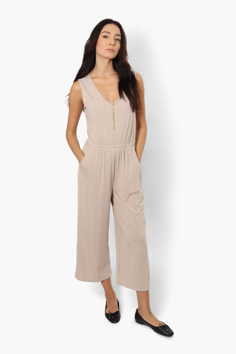 International INC Company Ribbed Front Zip Jumpsuit - Beige - Womens Jumpsuits & Rompers - Fairweather