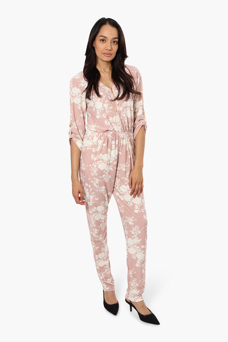 International INC Company Floral Roll Up Sleeve Jumpsuit - Pink - Womens Jumpsuits & Rompers - Fairweather