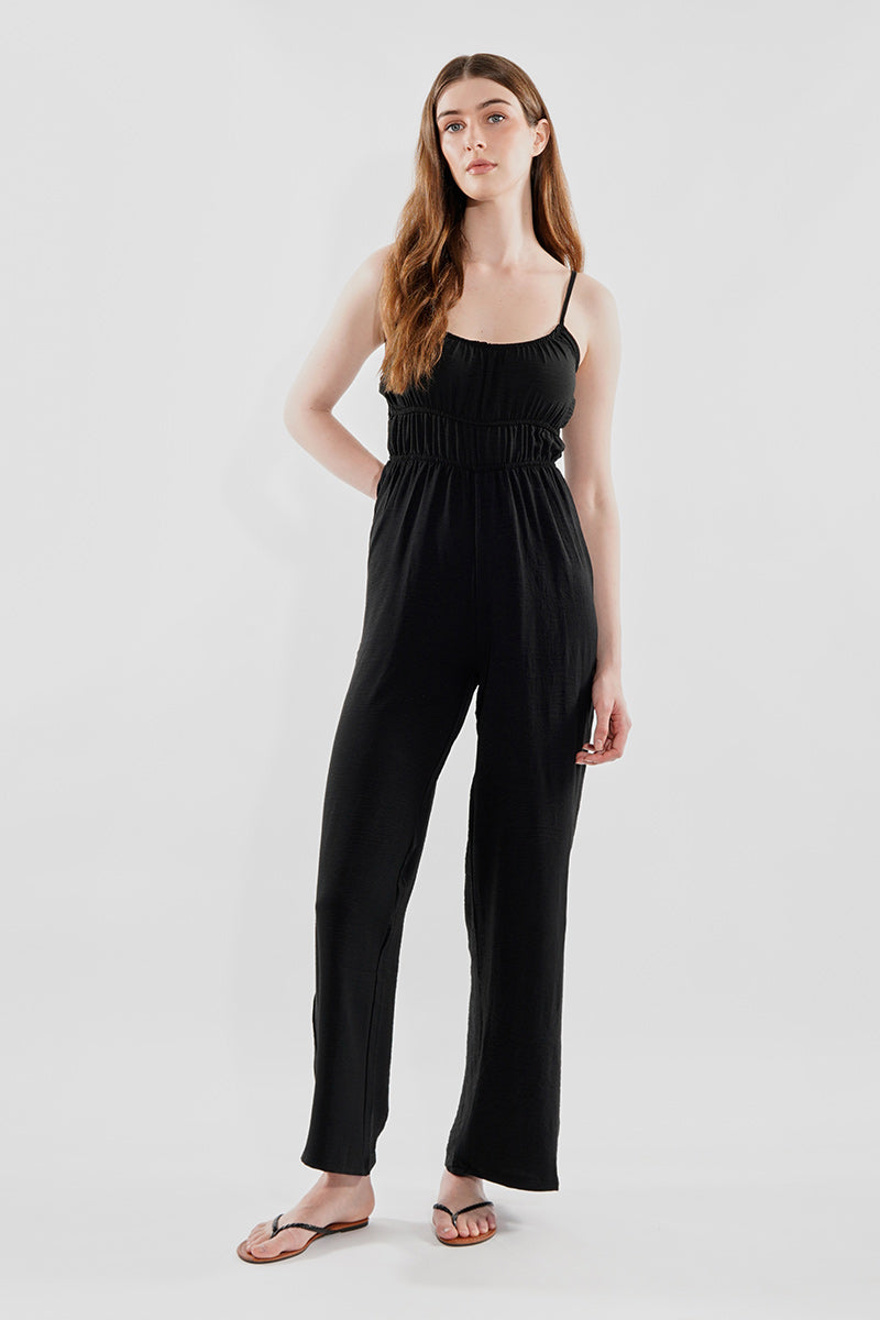 International INC Company Smocked Waist Side Slit Jumpsuit - Black - Womens Jumpsuits & Rompers - Fairweather