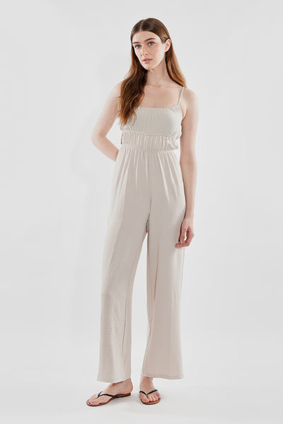 International INC Company Smocked Waist Side Slit Jumpsuit - Cream - Womens Jumpsuits & Rompers - Fairweather