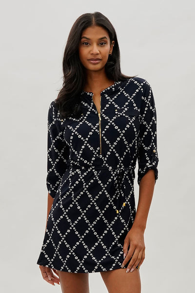 Beechers Brook Floral Tie Waist Half Zip Day Dress - Navy - Womens Day Dresses - Fairweather