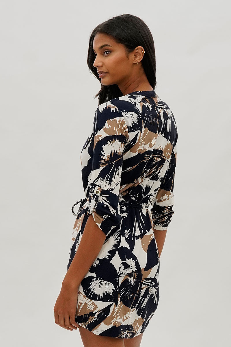 Beechers Brook Leaf Print Tie Waist Half Zip Day Dress - Navy - Womens Day Dresses - Fairweather
