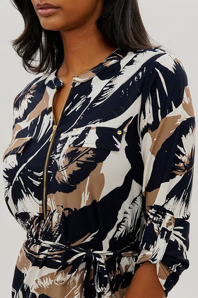 Beechers Brook Leaf Print Tie Waist Half Zip Day Dress - Navy - Womens Day Dresses - Fairweather