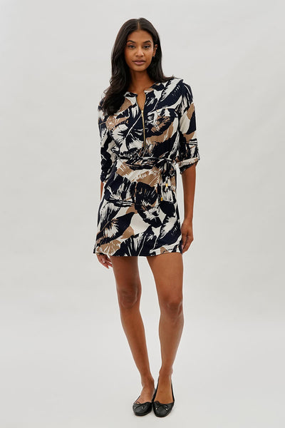 Beechers Brook Leaf Print Tie Waist Half Zip Day Dress - Navy - Womens Day Dresses - Fairweather