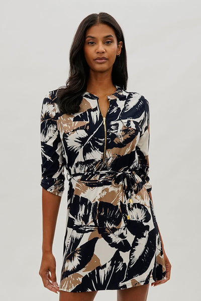 Beechers Brook Leaf Print Tie Waist Half Zip Day Dress - Navy - Womens Day Dresses - Fairweather