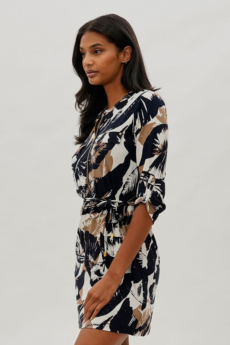 Beechers Brook Leaf Print Tie Waist Half Zip Day Dress - Navy - Womens Day Dresses - Fairweather