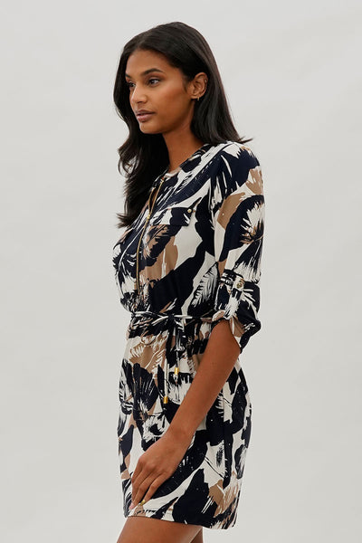 Beechers Brook Leaf Print Tie Waist Half Zip Day Dress - Navy - Womens Day Dresses - Fairweather
