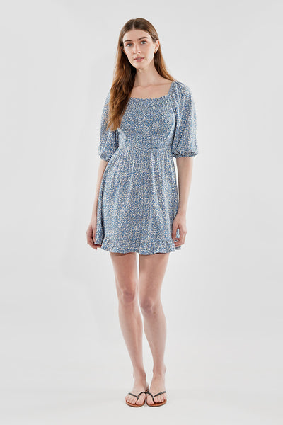 Beechers Brook Floral Puff Sleeve Smocked Day Dress - Blue