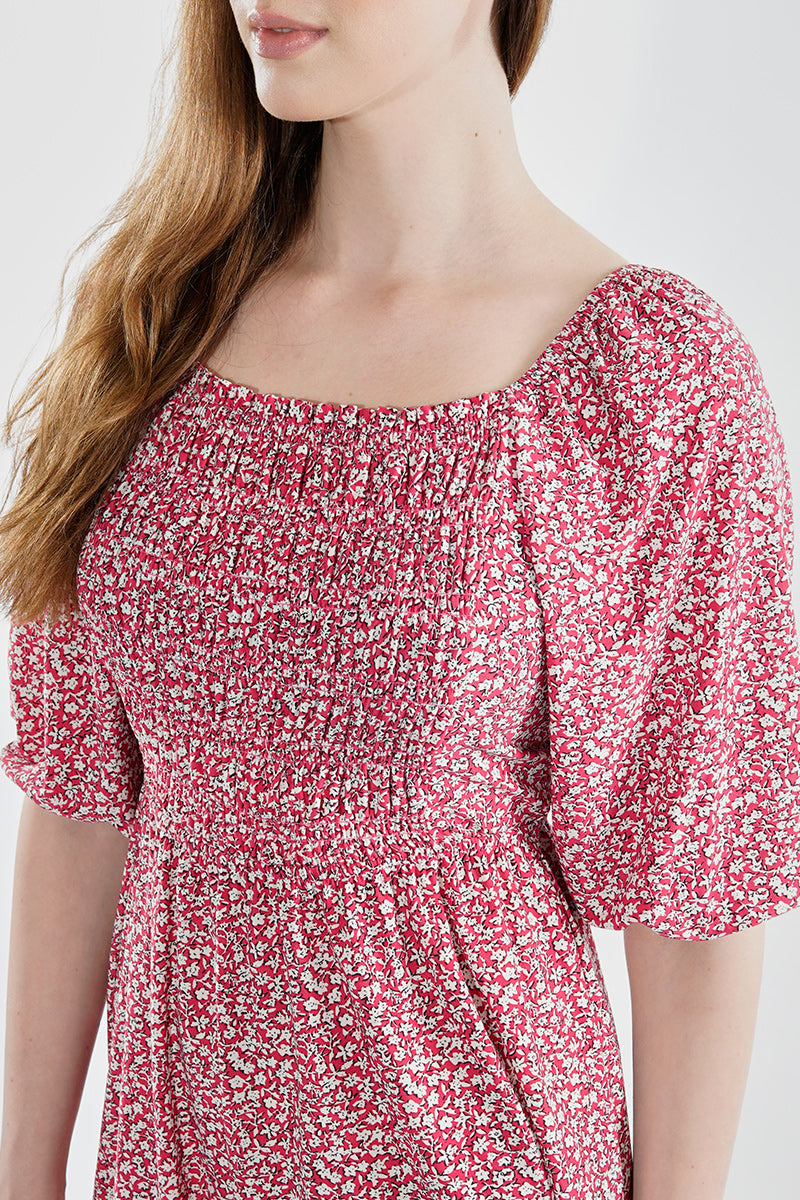Beechers Brook Floral Puff Sleeve Smocked Day Dress - Pink