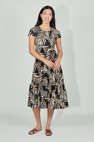 Beechers Brook Leaf Print Short Sleeve Tiered Midi Dress - Black - Womens Midi Dresses - Fairweather