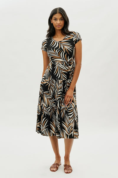 Beechers Brook Leaf Print Short Sleeve Tiered Midi Dress - Black - Womens Midi Dresses - Fairweather