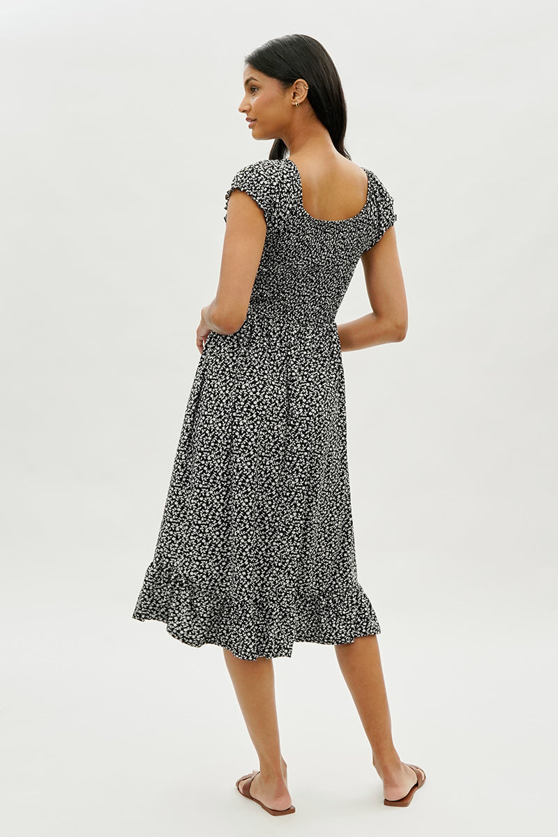 Beechers Brook Floral Short Sleeve Tiered Midi Dress - Black - Womens Midi Dresses - Fairweather