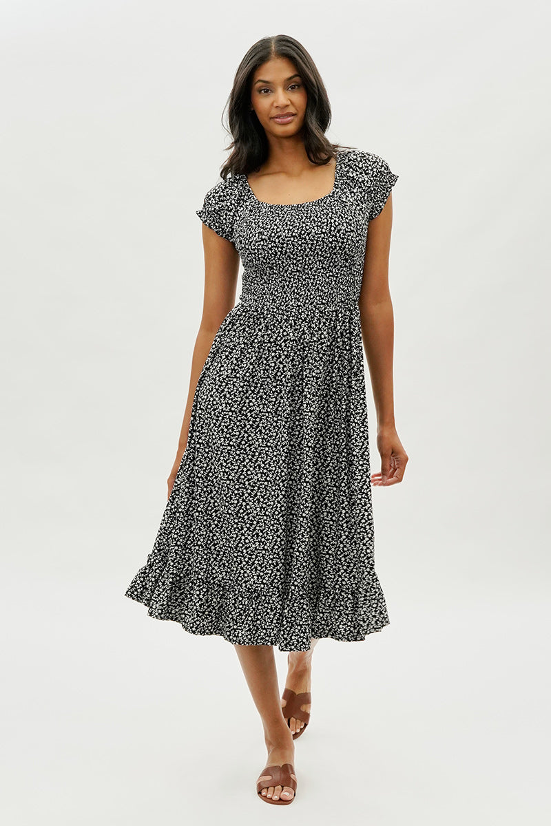 Beechers Brook Floral Short Sleeve Tiered Midi Dress - Black - Womens Midi Dresses - Fairweather