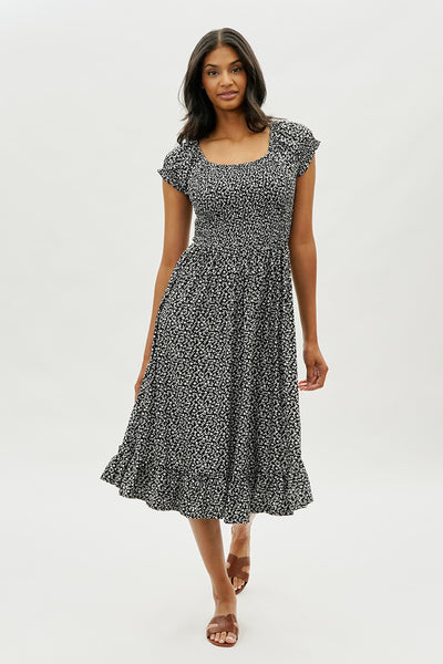 Beechers Brook Floral Short Sleeve Tiered Midi Dress - Black - Womens Midi Dresses - Fairweather