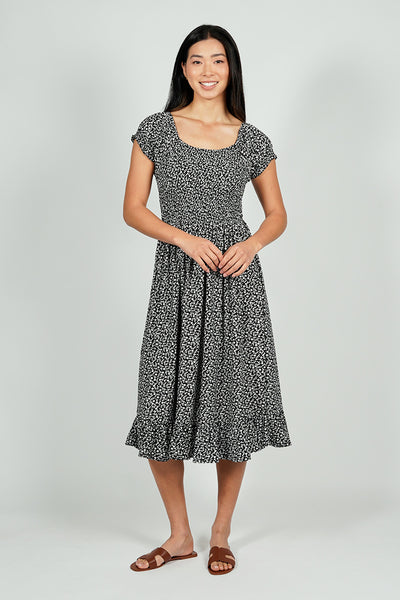 Beechers Brook Floral Short Sleeve Tiered Midi Dress - Black - Womens Midi Dresses - Fairweather
