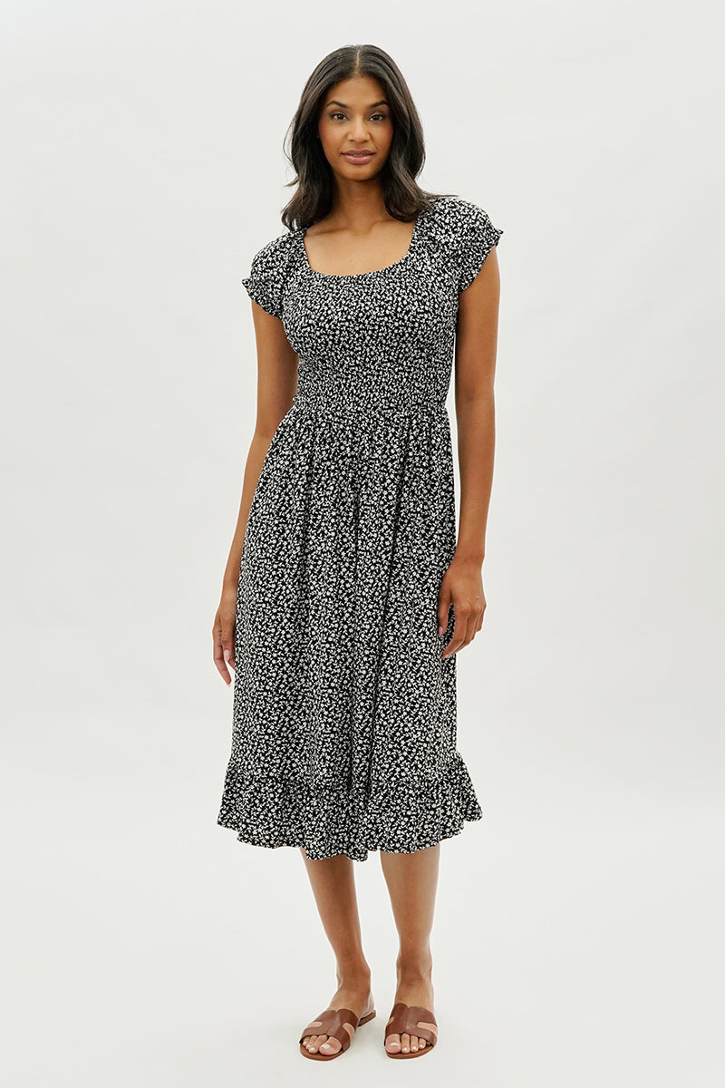 Beechers Brook Floral Short Sleeve Tiered Midi Dress - Black - Womens Midi Dresses - Fairweather