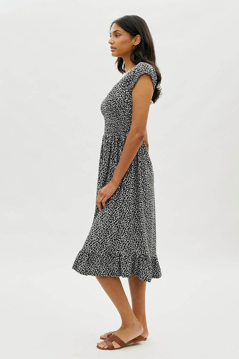 Beechers Brook Floral Short Sleeve Tiered Midi Dress - Black - Womens Midi Dresses - Fairweather