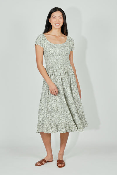 Beechers Brook Floral Short Sleeve Tiered Midi Dress - Olive - Womens Midi Dresses - Fairweather
