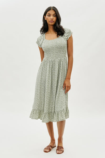 Beechers Brook Floral Short Sleeve Tiered Midi Dress - Olive - Womens Midi Dresses - Fairweather