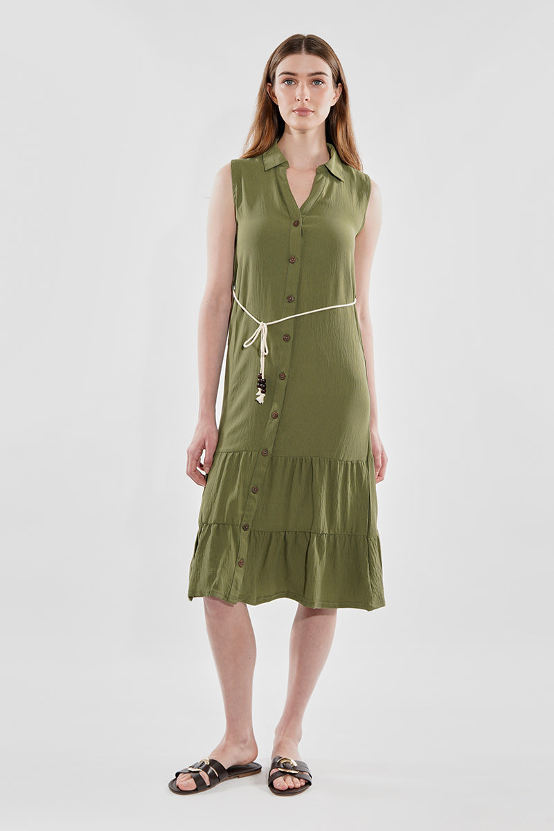 Stylexchange Rope Belted Button Down Day Dress - Olive